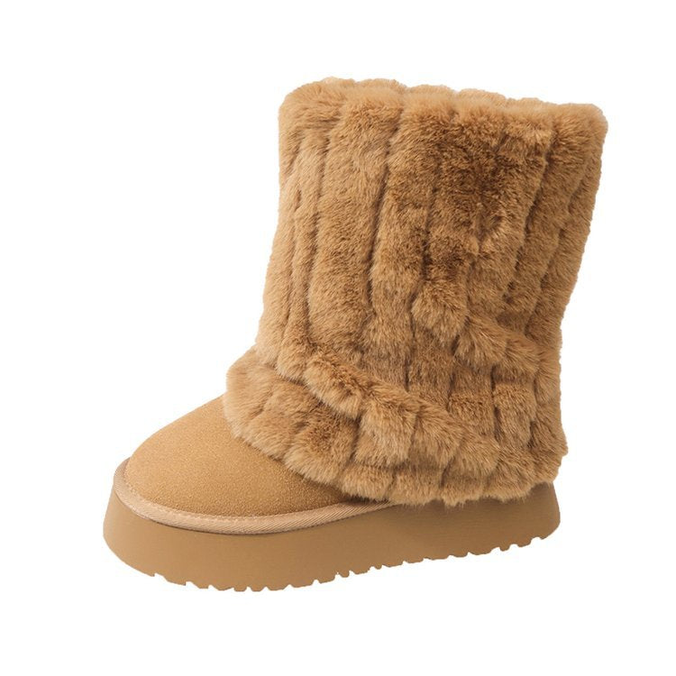 Plush Cute Cream Short Warm Fur Boots Winter Sleeve Platform Height Increasing Shoes - EnigmaParis