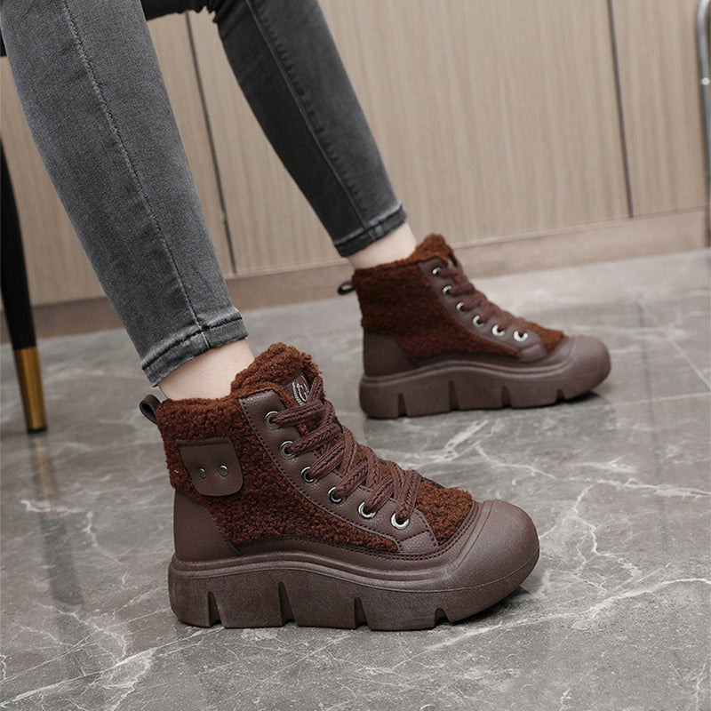 Lace-up High-top Flat Shoes For Women Winter Warm Cashmere Snow Boots Fashion Street Campus Students Height Increasing Shoes - EnigmaParis
