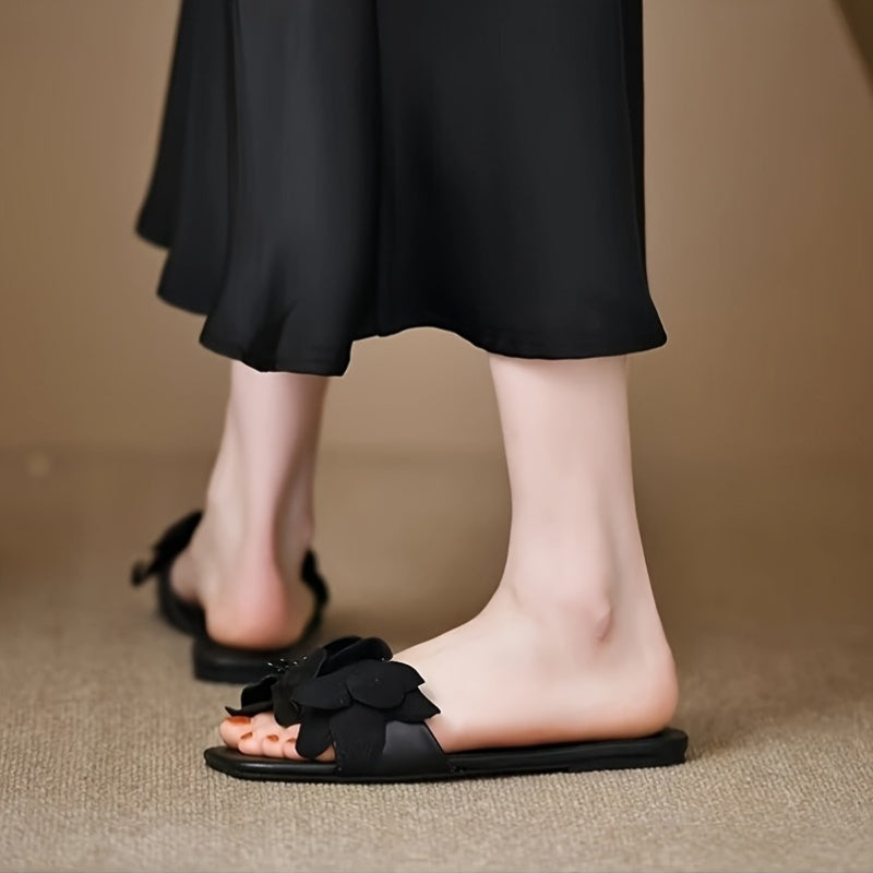 Women'S Stylish Black Strappy Sandals - Elegant Low-Heel, Open-Toe, Slip-On with Floral Accents, Perfect for Summer, Summer Footwear | Floral Accent Sandals | Synthetic Upper, Sandals