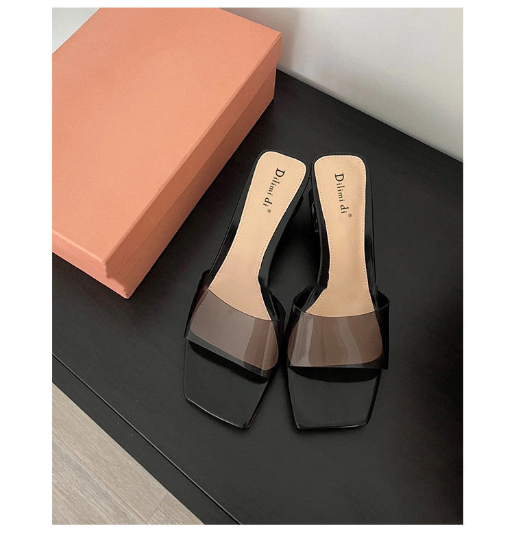 Spring and Summer Women's Fashionable Transparent Crystal High Heels - New Chunky Heel Square Toe Retro Footwear - EnigmaParis