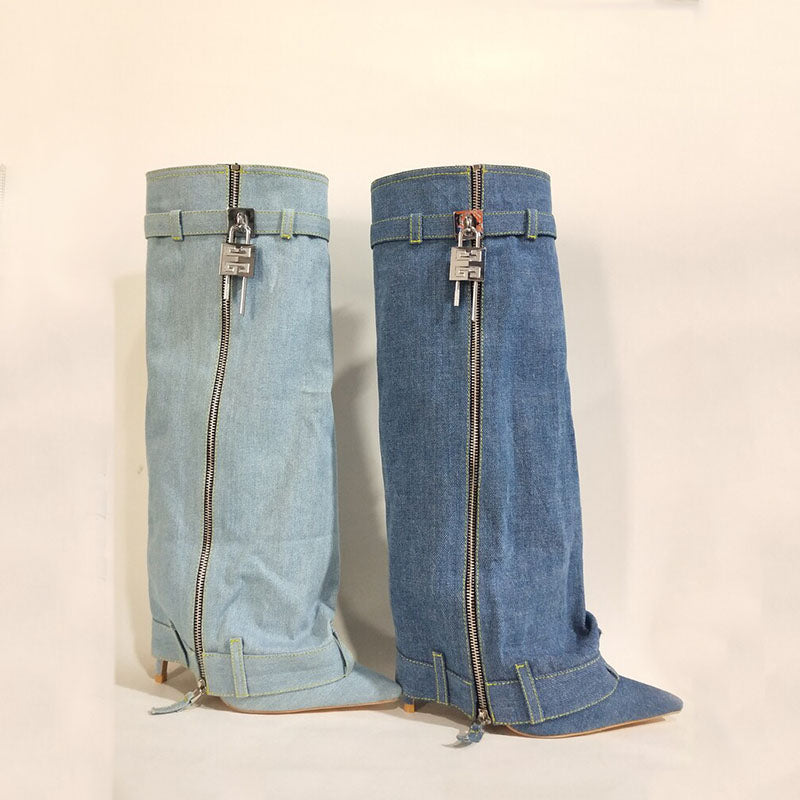 Pointed Female Fashion Metal Buckle Flanging Zipper Casual High Leg Boot - EnigmaParis