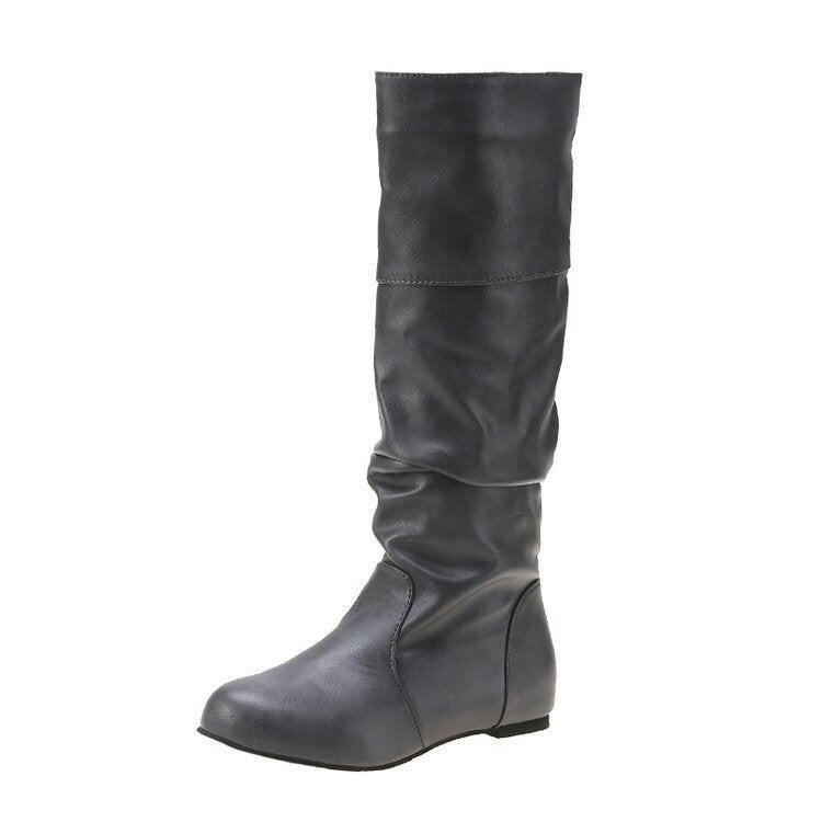 Women's High Cylinder Flat Boots - Round Toe Slip-on Slimming Footwear.