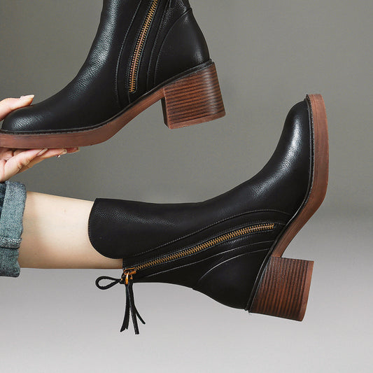 Thick Heel Brown Ankle Boots British Style Handsome.