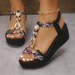 Women'S Bohemian Style Gemstone Embellished Wedge Sandals - Elegant Black T-Strap Open-Toe High Heel with Floral Accents, Comfortable Ankle Strap, Perfect for Beach Parties and Daily Outings, Beach Party Shoes|Bohemian Sandal