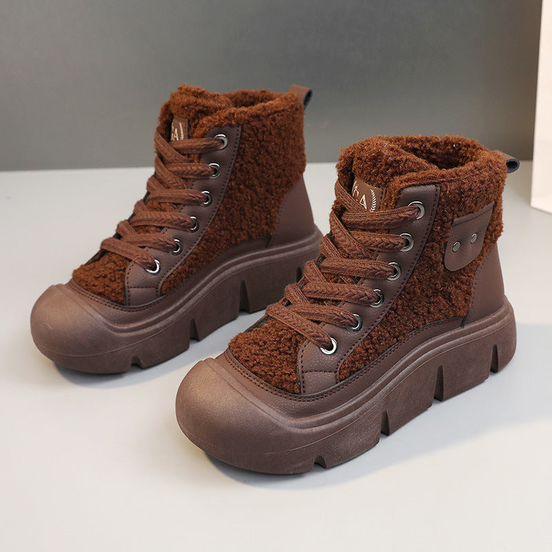 Lace-up High-top Flat Shoes For Women Winter Warm Cashmere Snow Boots Fashion Street Campus Students Height Increasing Shoes - EnigmaParis