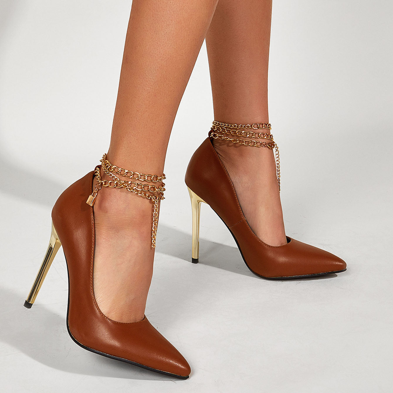 Women's Metal Chain Low-top Stiletto Heels - Elegant Pointed High Heel Shoes.