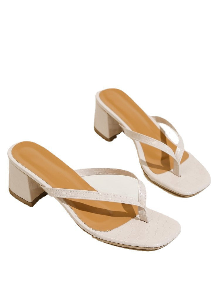 Spring And Summer Stylish Herringbone Square Toe Chunky Heel Sandals: High Heel, Open Toe, Casual Fashion - EnigmaParis