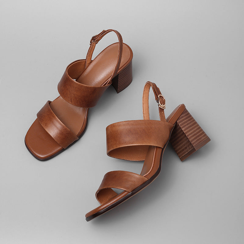 Sheepskin Wood Grain Chunky Heel Square Toe Buckle Sandals