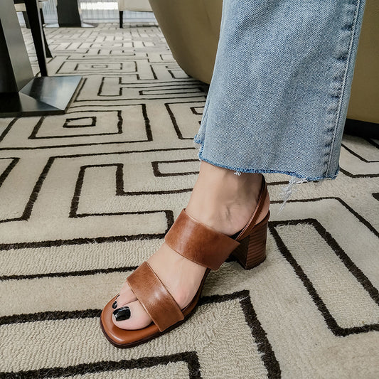 Sheepskin Wood Grain Chunky Heel Square Toe Buckle Sandals