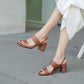 Sheepskin Wood Grain Chunky Heel Square Toe Buckle Sandals