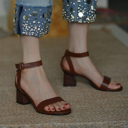 Fashion Brown Retro Thick Heel Sandals Women