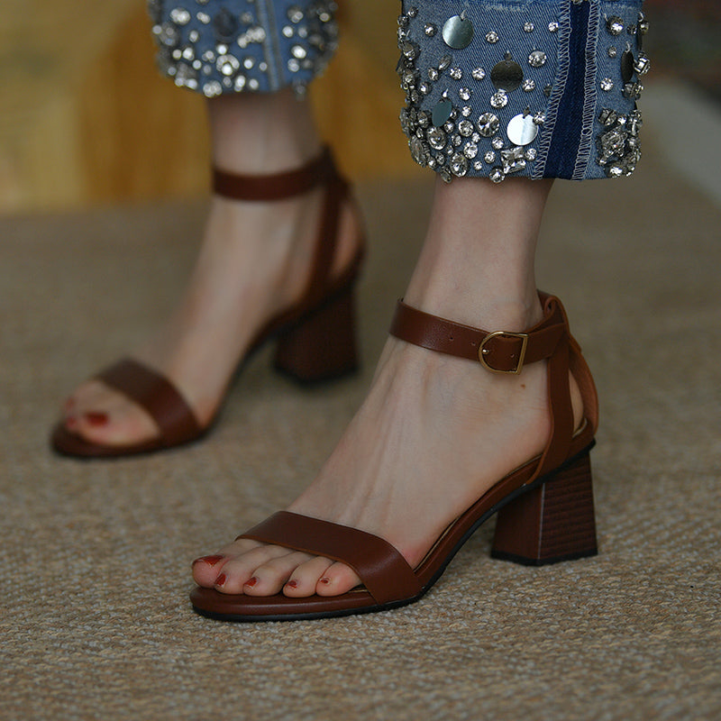 Fashion Brown Retro Thick Heel Sandals Women