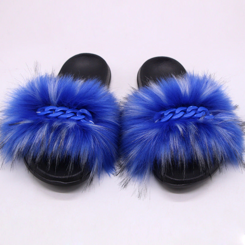 Furry Fur Slippers Fluffy Flip Flops Women Summer Faux Fox Sandals Designer Chain Plush Raccoon Fur Slides Beach Home Flat Shoes