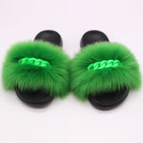 Furry Fur Slippers Fluffy Flip Flops Women Summer Faux Fox Sandals Designer Chain Plush Raccoon Fur Slides Beach Home Flat Shoes