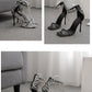 Sexy Fringed Rhinestone Square Toe Stiletto Heel Sandals Women Roman Shoes