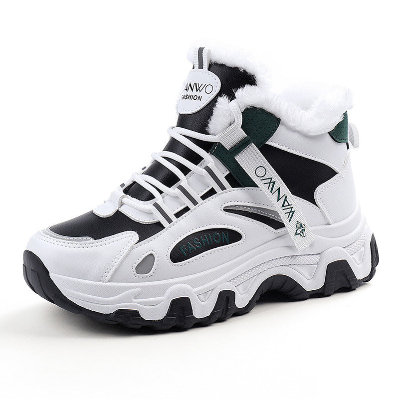 Fashion Black White Lace-up Sneakers Winter Warm All-match Plush Shoes Women Plus Velvet Fleece Flat High-top Sports Shoes - EnigmaParis