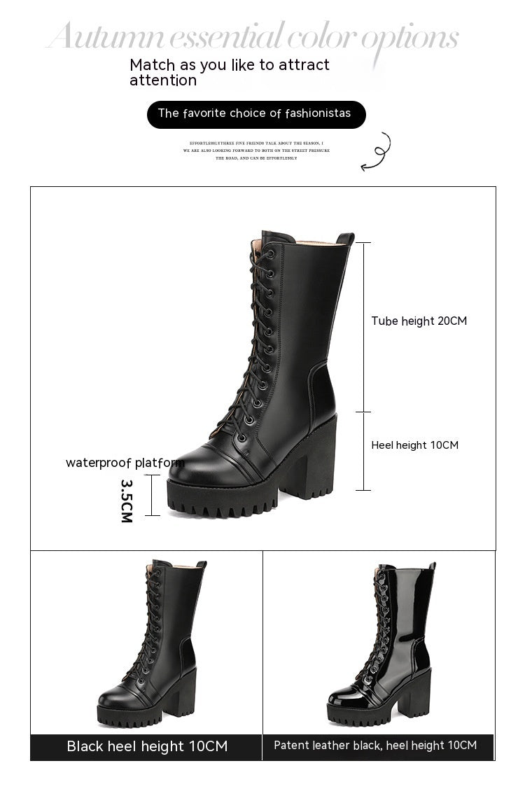 Leather High Heel Mid-calf Boots For Women Lace-up - EnigmaParis