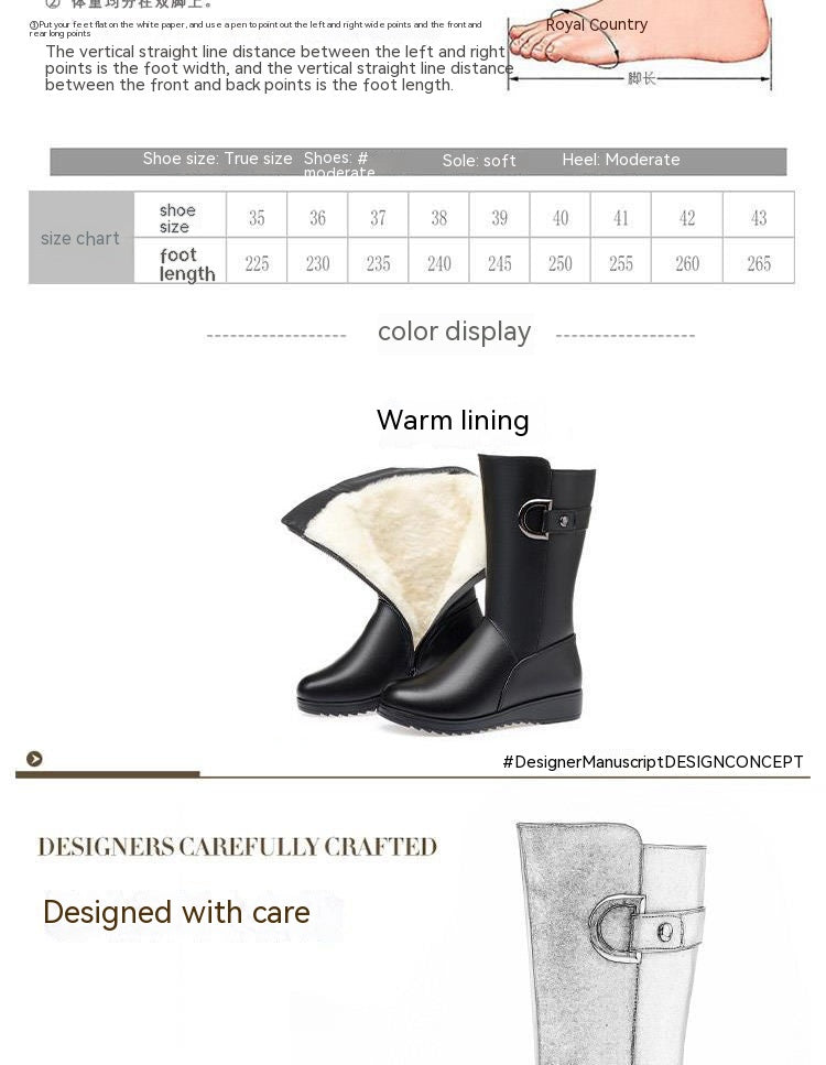 Winter Flat Non-slip Leather Shoes Fleece-lined Thermal Middle Tube Cotton Boots - EnigmaParis