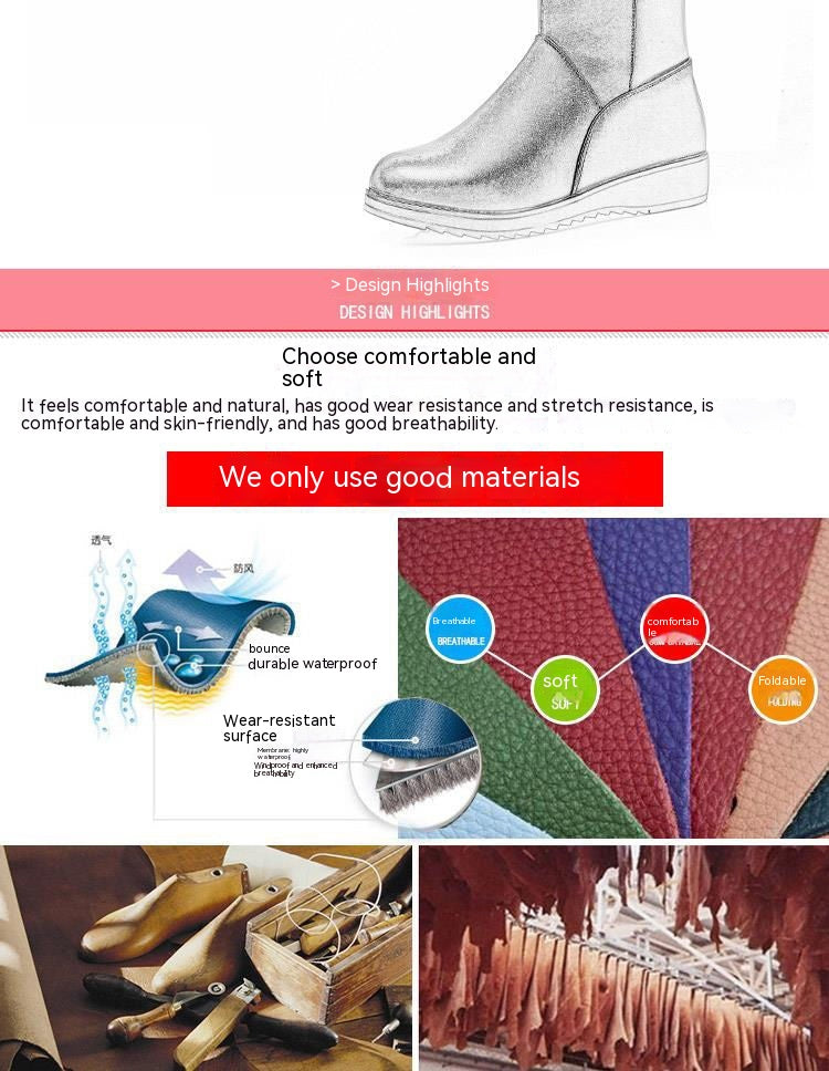 Winter Flat Non-slip Leather Shoes Fleece-lined Thermal Middle Tube Cotton Boots - EnigmaParis