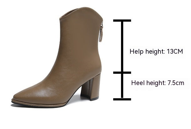 Genuine Leather Pointed Toe High Heel Boots Female White Chunky Heels - EnigmaParis