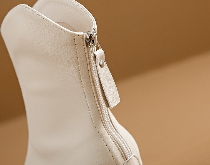 Genuine Leather Pointed Toe High Heel Boots Female White Chunky Heels - EnigmaParis