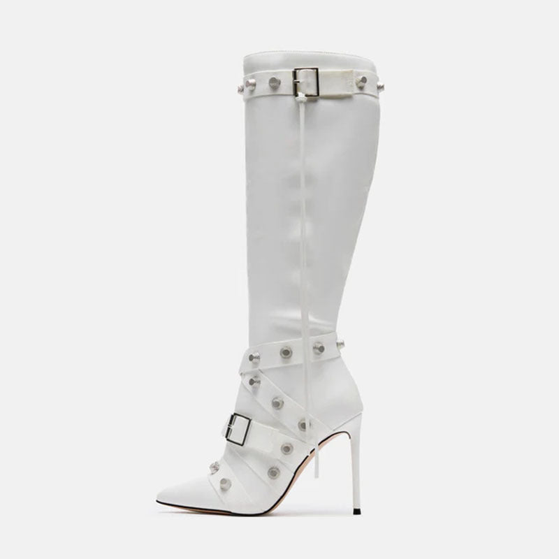 Metal Leathern Pointed Stiletto Heel High Leg Boot Rivet - EnigmaParis