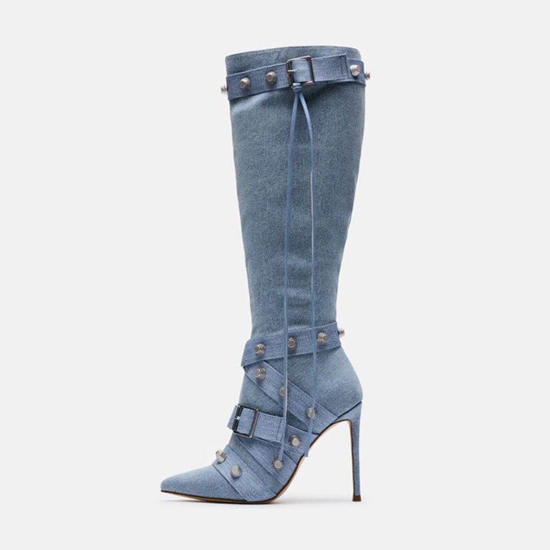 Metal Leathern Pointed Stiletto Heel High Leg Boot Rivet - EnigmaParis