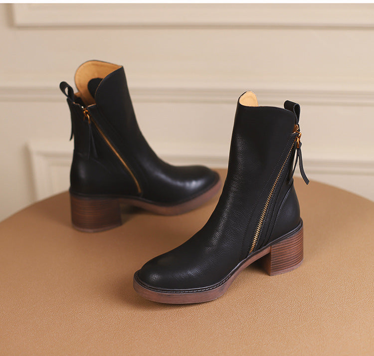 Thick Heel Brown Ankle Boots British Style Handsome.
