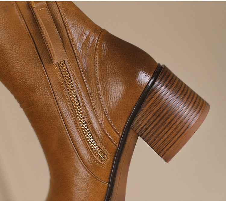 Thick Heel Brown Ankle Boots British Style Handsome.