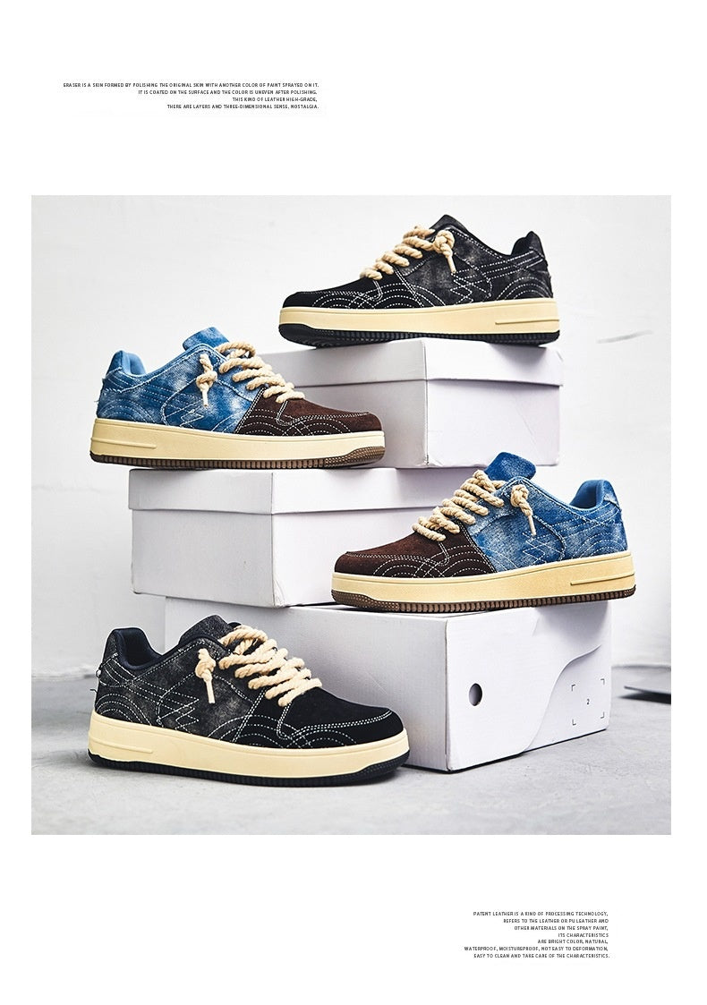 Men's Leisure Denim Board Shoes - Lace-up Flats for Skateboarding