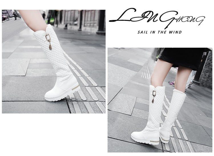Large Size Mid Heel High Leg Boots with Metal Decoration.