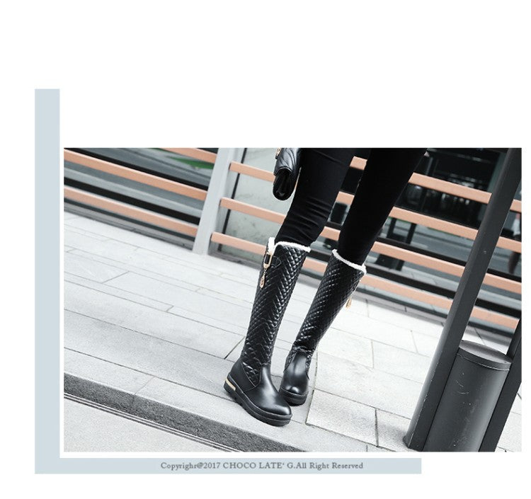 Large Size Mid Heel High Leg Boots with Metal Decoration.