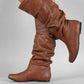Women's High Cylinder Flat Boots - Round Toe Slip-on Slimming Footwear.