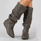 Women's High Cylinder Flat Boots - Round Toe Slip-on Slimming Footwear.