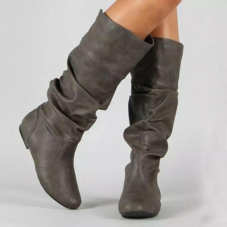 Women's High Cylinder Flat Boots - Round Toe Slip-on Slimming Footwear.