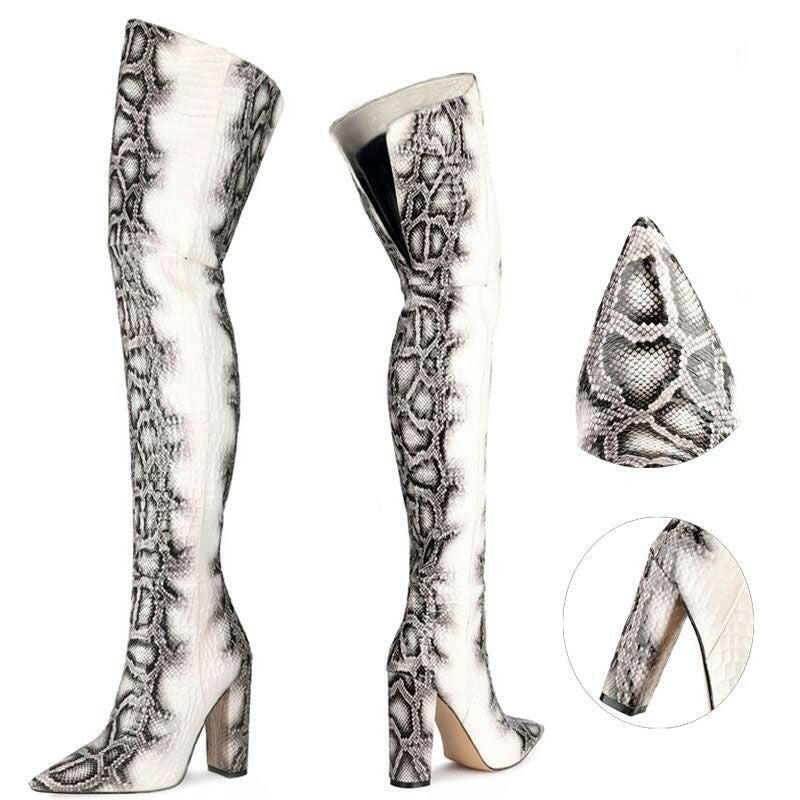 Women's Plus Size Pointed Snakeskin High Over-The-Knee Boots.