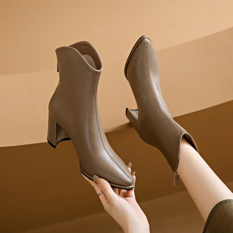 Genuine Leather Pointed Toe High Heel Boots Female White Chunky Heels - EnigmaParis