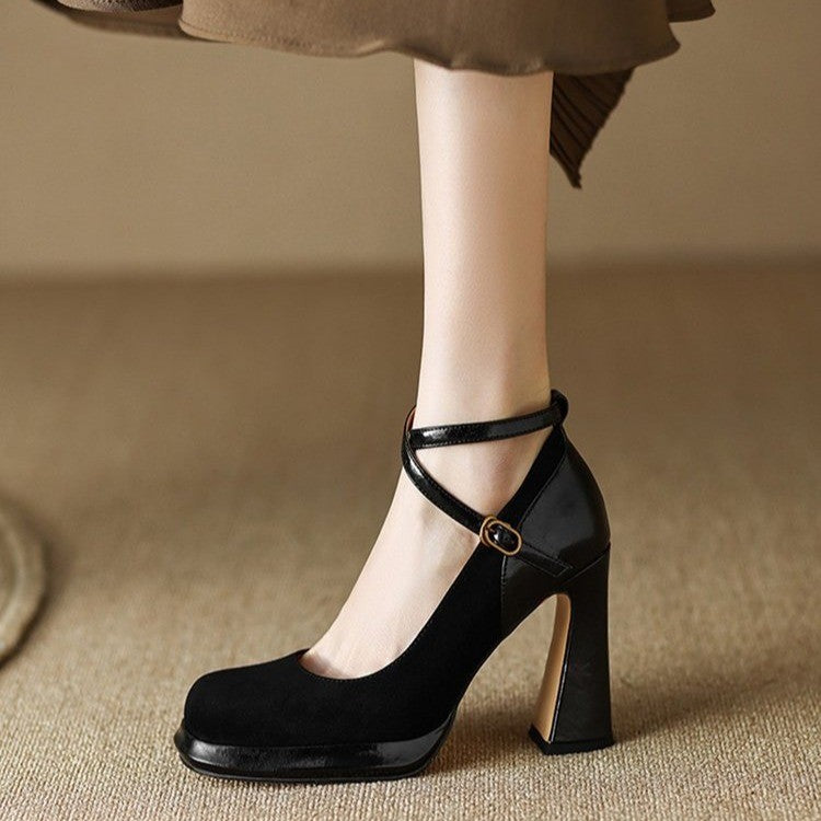 Women's Black Chunky Heel Cross Strap High Heels - Versatile Square Toe Design.