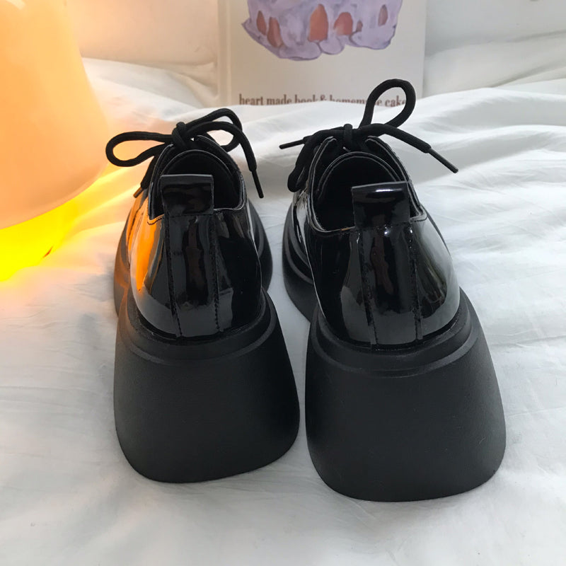 Thick High Heels With Lace Up Small Leather Shoes, Women's British Style Black Versatile High Rise Single Shoes - EnigmaParis