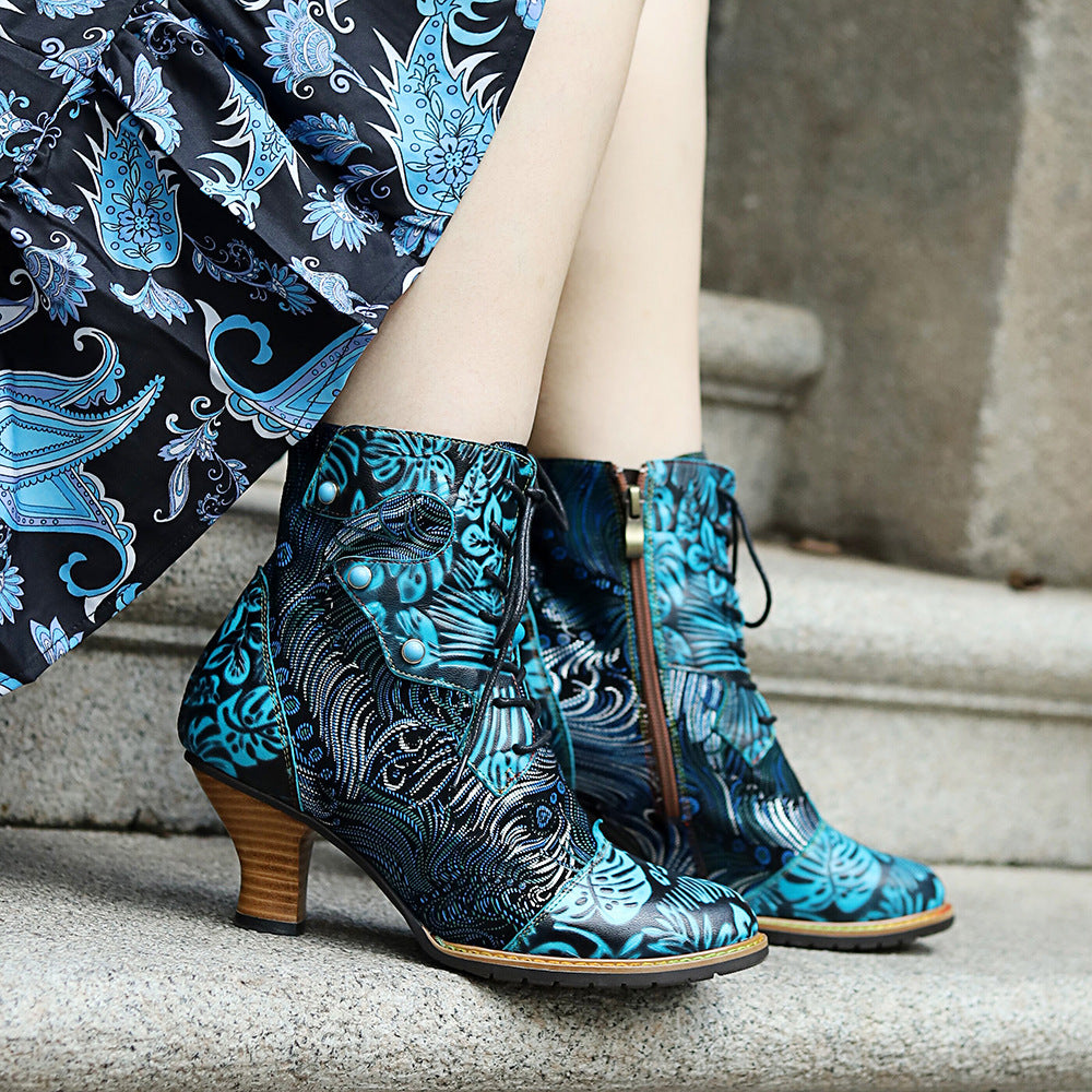 Vintage Print Fashion Lace Up Women's Boots - EnigmaParis