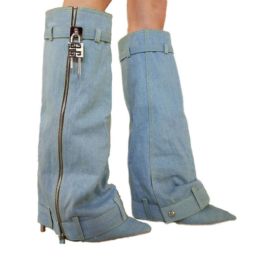 Pointed Female Fashion Metal Buckle Flanging Zipper Casual High Leg Boot - EnigmaParis