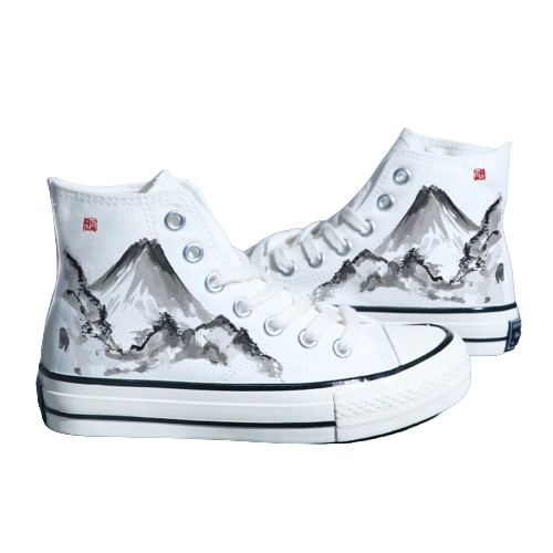 Chinese Style Canvas Shoes - Retro Landscape Painting, High-Top Board Shoe