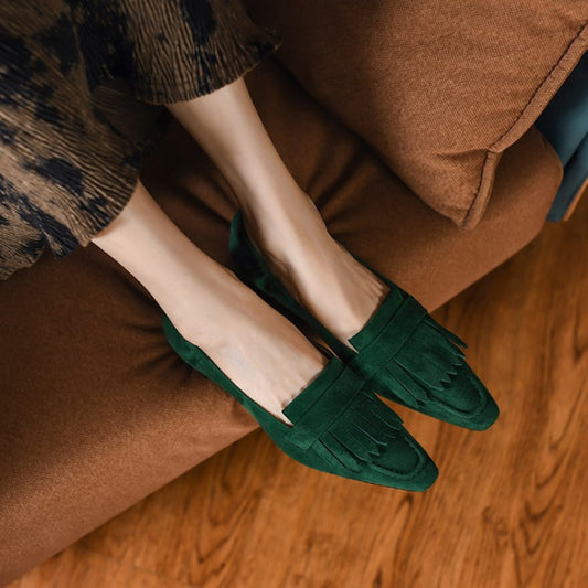 Simple Small Square Toe Tassel Retro Chunky Heel Women's Shoes