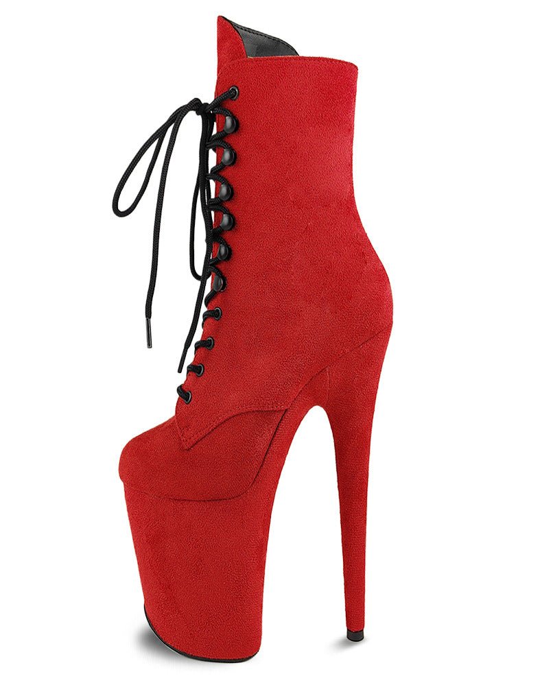 20cm Round Head Long Tube Suede Black Short Boots - Women's Super High Heel.