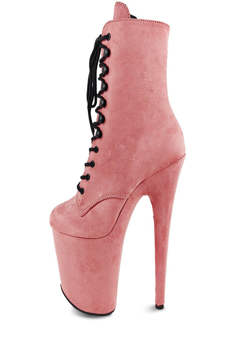 20cm Round Head Long Tube Suede Black Short Boots - Women's Super High Heel.