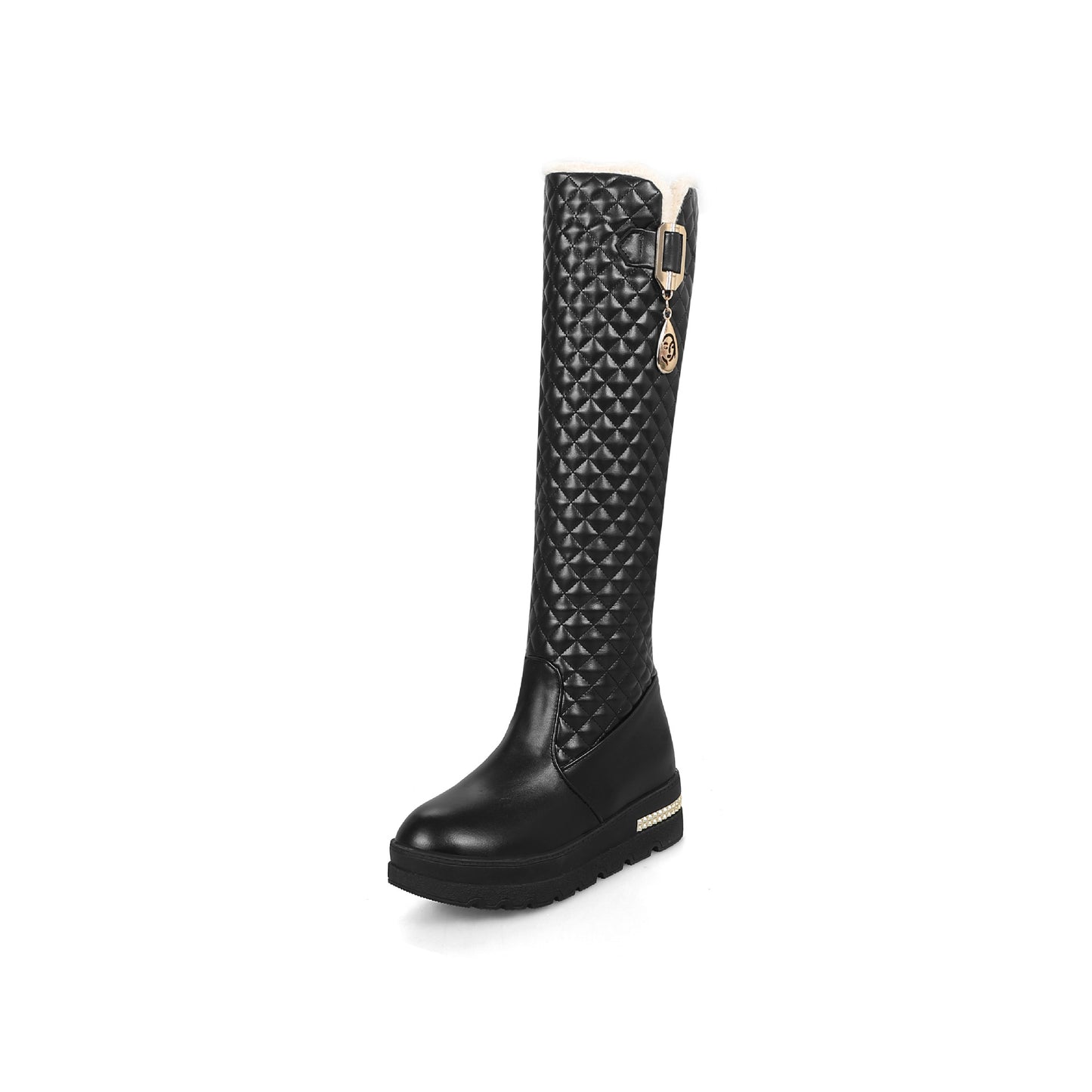 Large Size Mid Heel High Leg Boots with Metal Decoration.