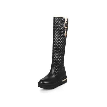 Large Size Mid Heel High Leg Boots with Metal Decoration.