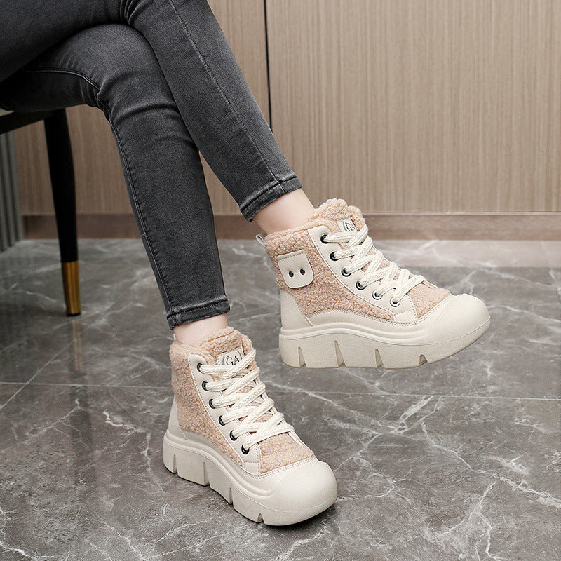 Lace-up High-top Flat Shoes For Women Winter Warm Cashmere Snow Boots Fashion Street Campus Students Height Increasing Shoes - EnigmaParis