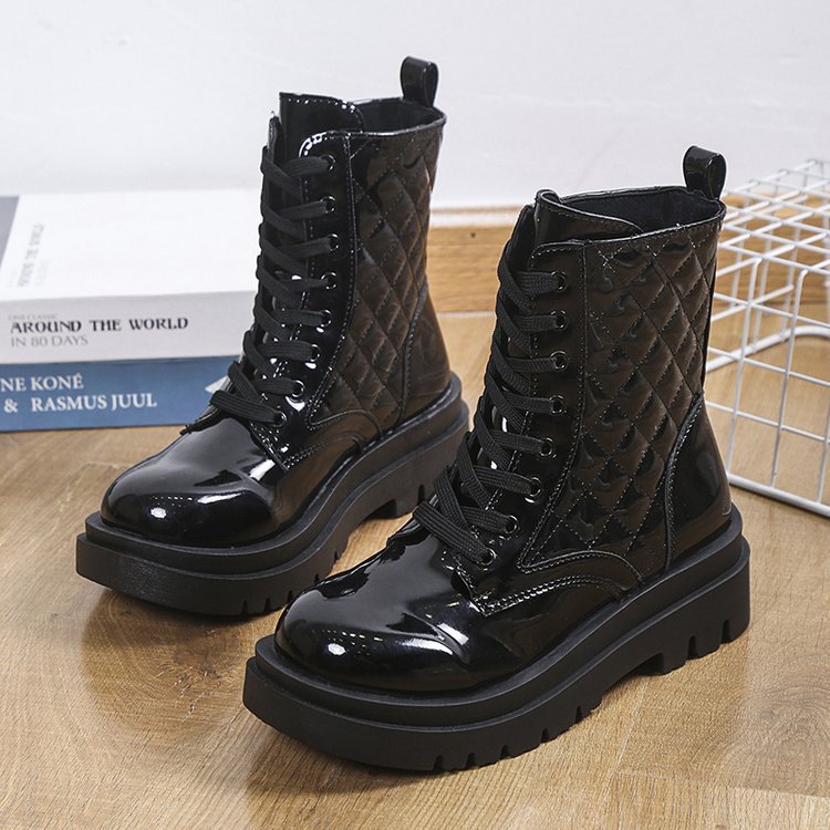 Lace-up Thick-heeled Boots Winter Casual Round Toe Platform Ankle Boots Women Fashion Quilted Pattern Minimalist Motorcycle Shoes - EnigmaParis