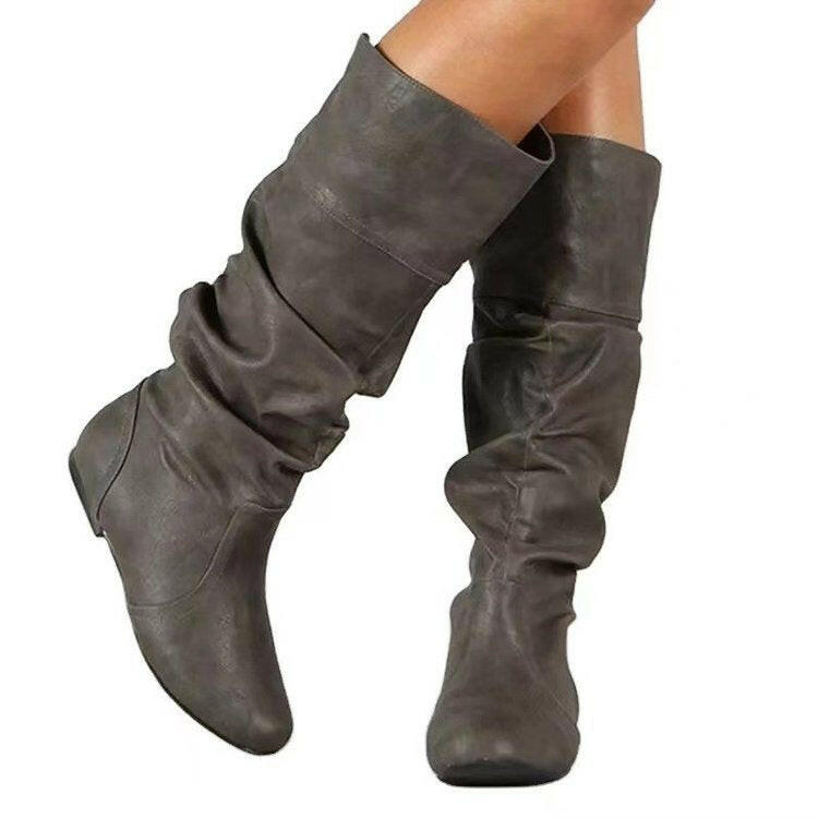 Women's High Cylinder Flat Boots - Round Toe Slip-on Slimming Footwear.